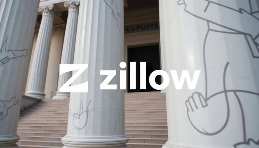 Zillow legal theme with courthouse columns and logo, representing lawsuit.