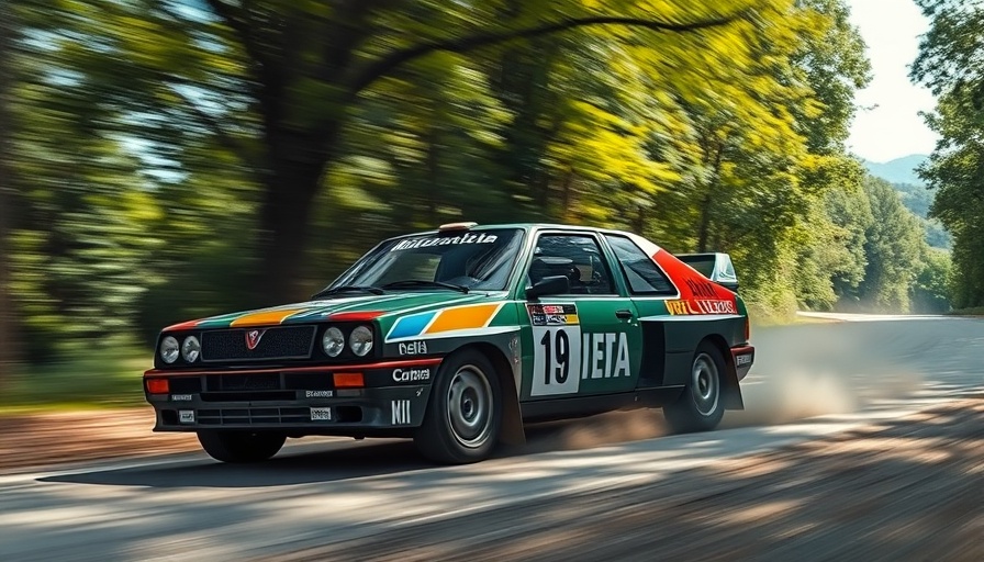 Lancia Delta HF Integrale skidding on a dusty dirt road rally.