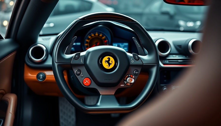 Elegant Ferrari steering wheel with physical buttons, modern car interior