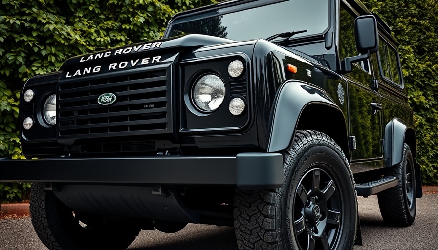 Sleek black Land Rover Defender close-up with foliage.