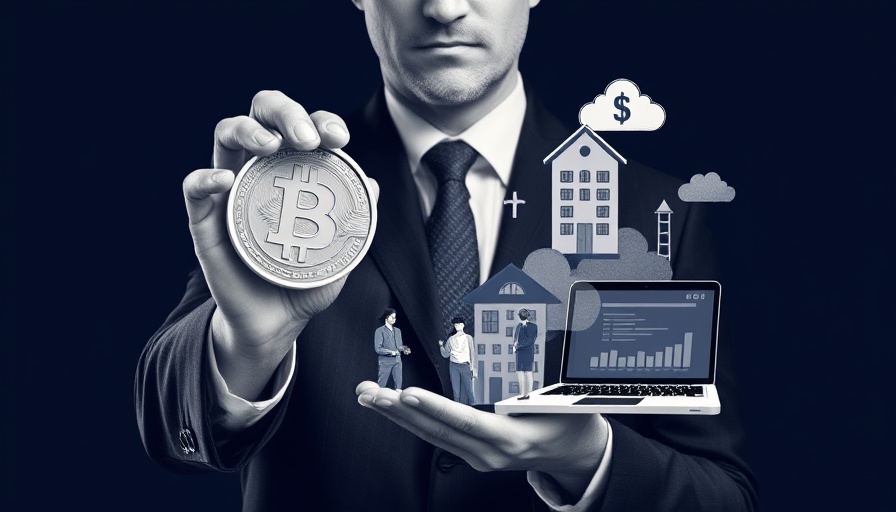 Monochromatic collage on crypto mortgages with Bitcoin and businessman