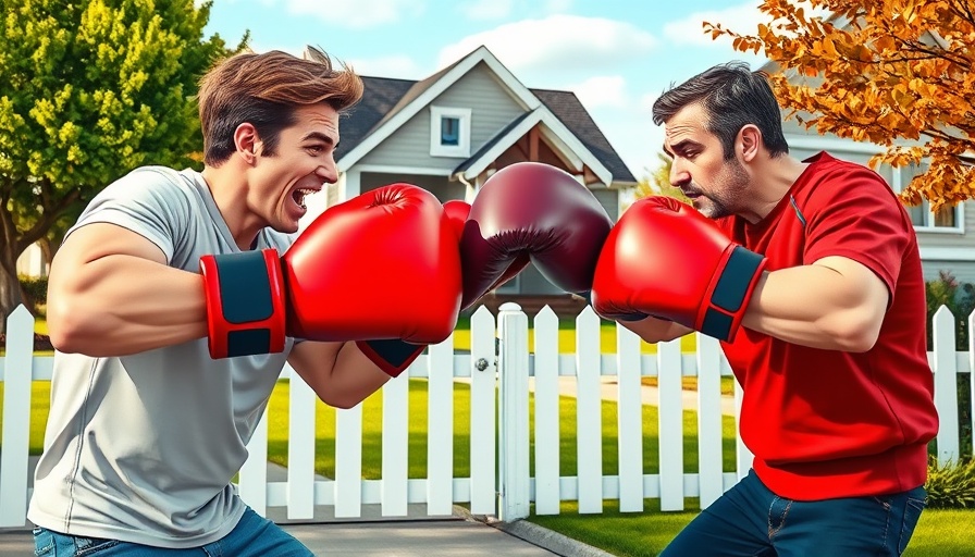 Cartoon-style boxing gloves symbolize real estate infighting.