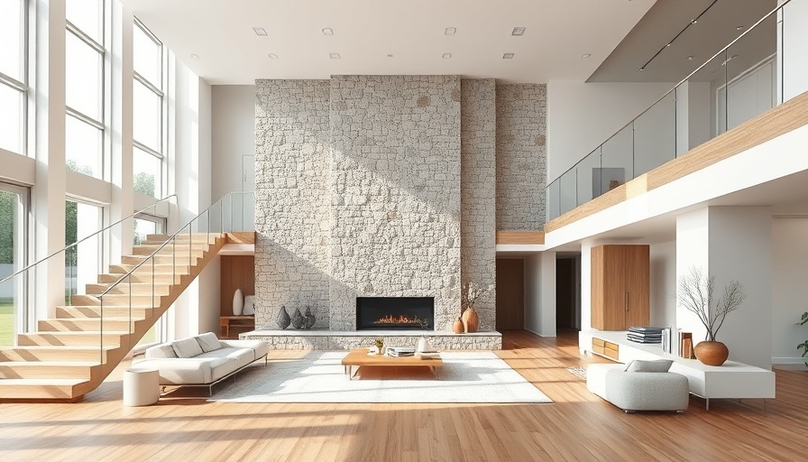 Inexpensive home staging hacks in a modern living room with stone wall and stairs.