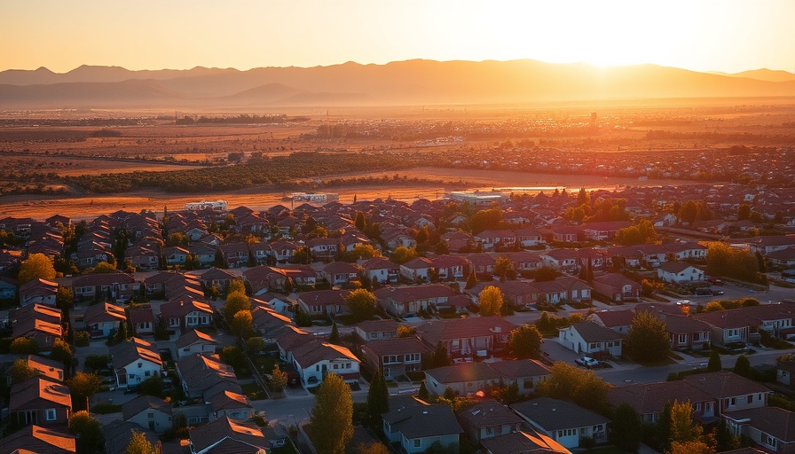 Aerial view of suburban neighborhood and mountains at sunset.