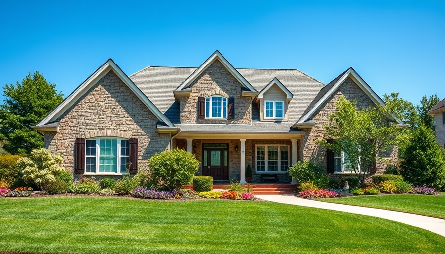 Stone house with vibrant garden under blue sky, housing inventory trends.