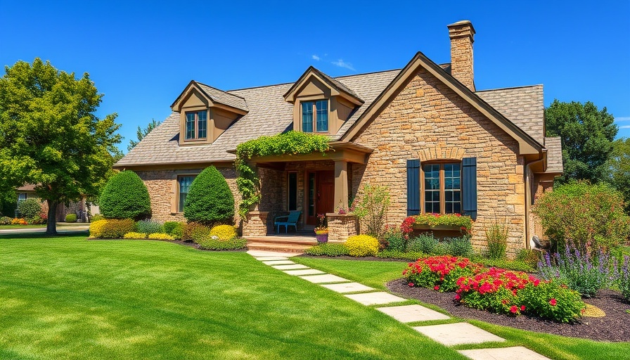 Charming house with lush lawn and vibrant garden under blue sky.