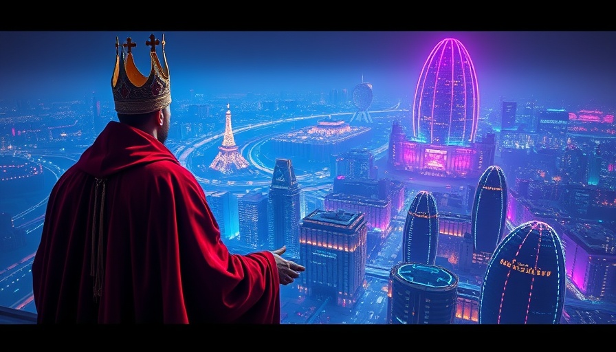 Royal figure viewing stylized cityscape, illustrating real estate trends.