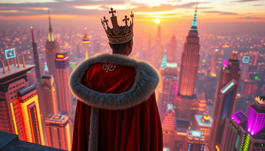 Real estate neighborhood expert depicted as a royal overlooking a cityscape.