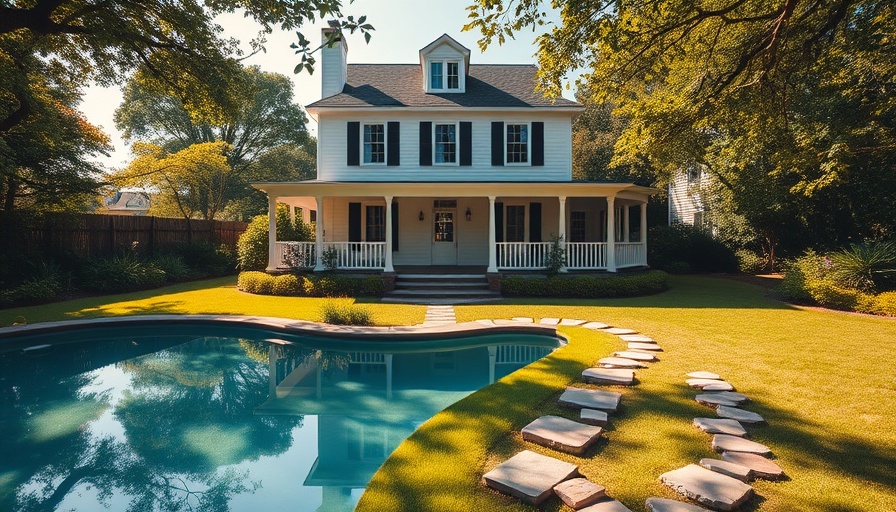 Charming white house with a backyard pool and garden, showcasing serene residential living.