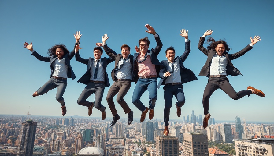 Enthusiastic professionals jumping over cityscape for real estate collaboration.