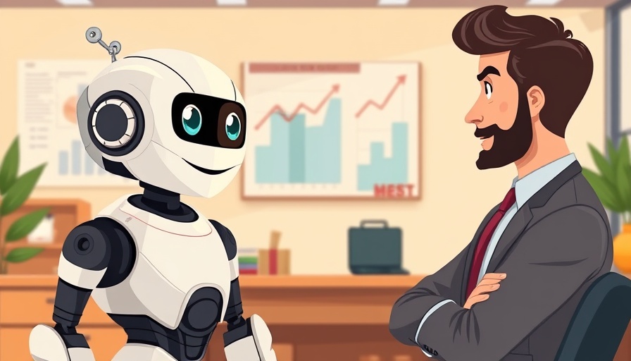 Conversational AI robot interacting with a man in professional setting.