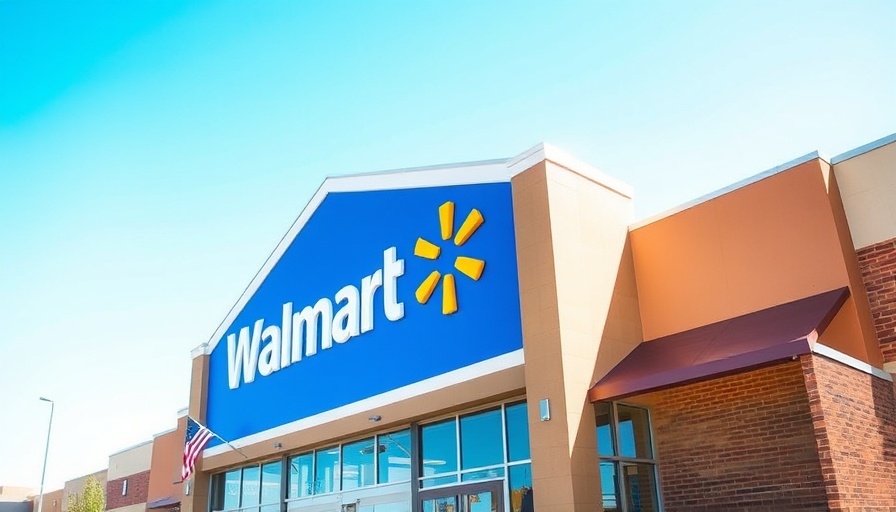 Walmart building exterior on sunny day, American flag.
