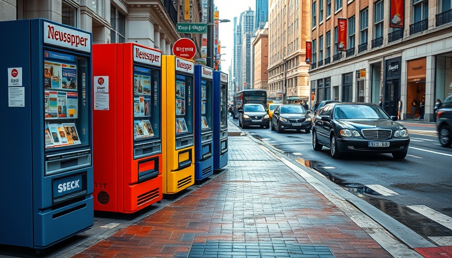 Colorful newspaper vending machines on a city street, highlighting print marketing.