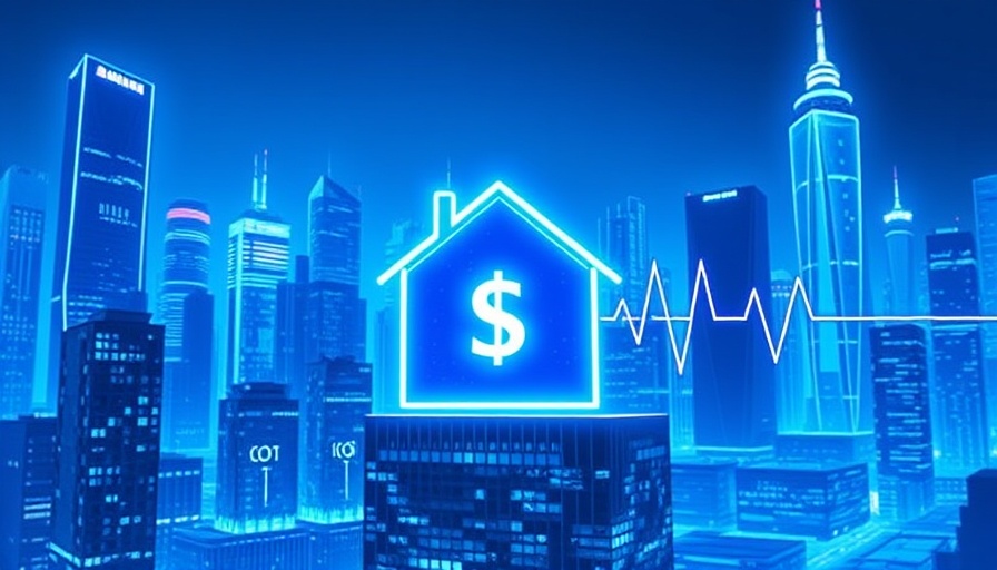 Futuristic graphic of mortgage technology with cityscape background.