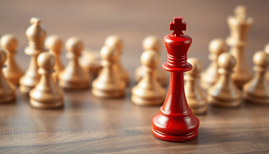 Contrasting red pawn among beige pawns symbolizes leadership in real estate news.