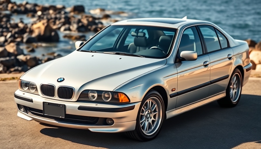 Sleek silver E39 BMW 5 Series by the ocean, showcasing longevity