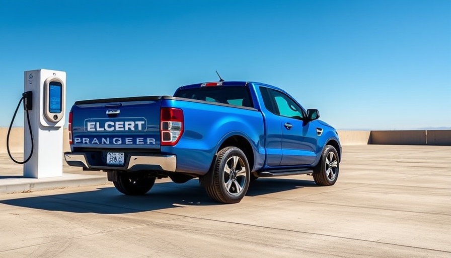 Sleek blue Ford Ranchero Electric Pickup charging at a station.