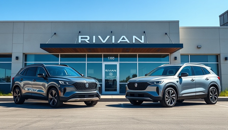 Rivian SUVs outside showroom with Rivian Direct Sales Ohio sign.