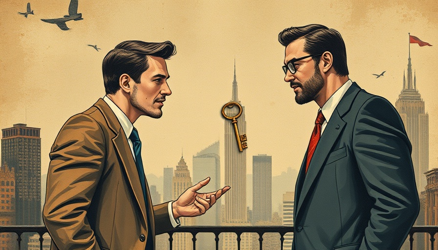 Vintage-style illustration of businessmen and real estate elements for Private Listings in Real Estate.