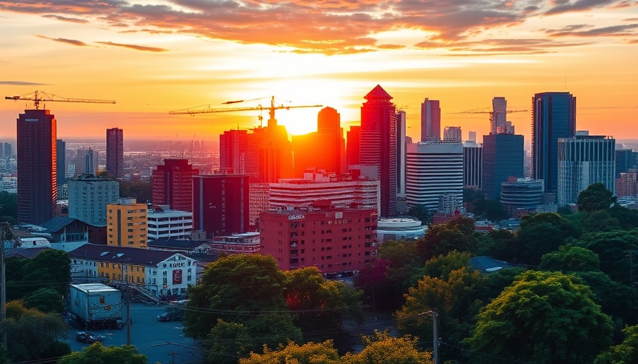 Howard Hanna Real Estate Carolinas city skyline at sunset, vibrant view.