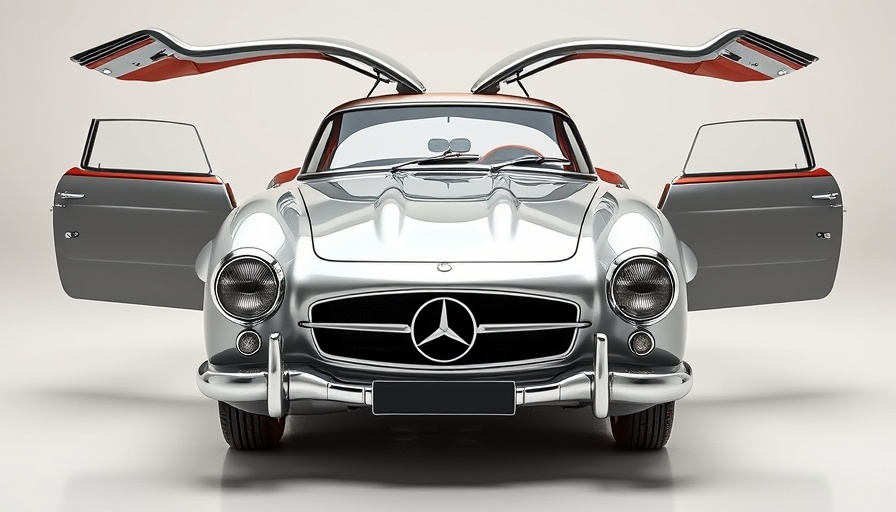 Classic Mercedes Gullwing front view with open doors in studio lighting.
