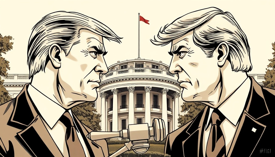 Illustration of two men facing off, White House backdrop, gavel.