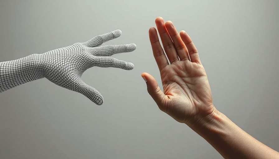 AI in mortgage lending concept with digital and human hands reaching.