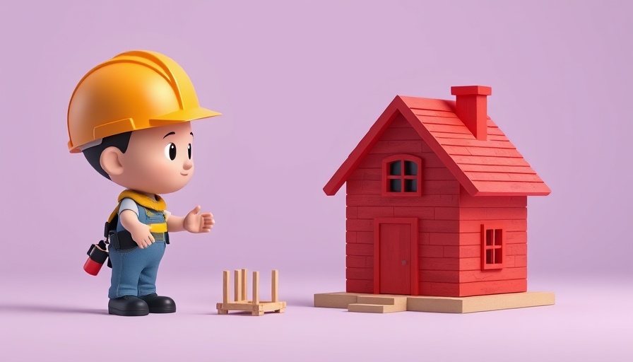 Cartoon contractor inspecting a fixer-upper house model.