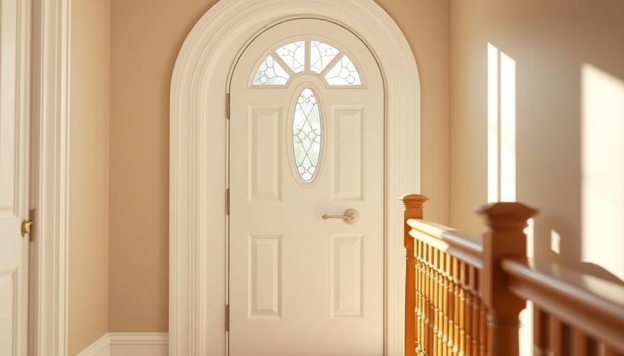 Elegant front door with glass window and wooden handrail in hallway.