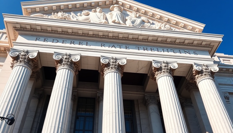 Federal Reserve building facade with marble columns under blue sky.