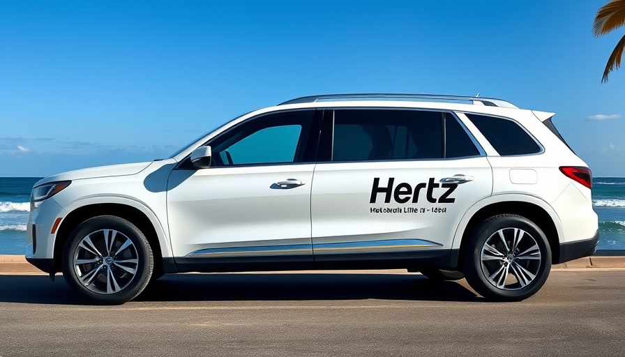 White SUV by ocean with Hertz logo, highlighting buy Hertz used cars on Amazon.