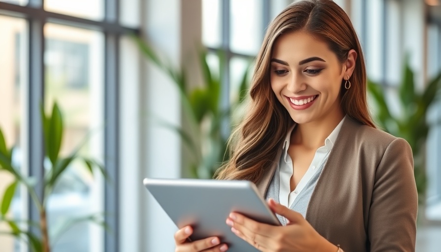 Professional woman in office using tablet, real estate focus.