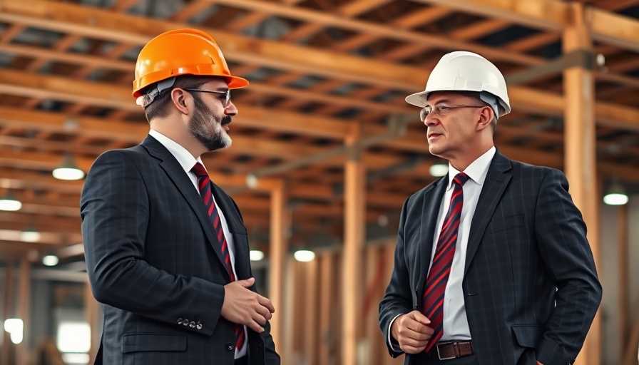 Business professionals in hard hats discussing at a construction site.