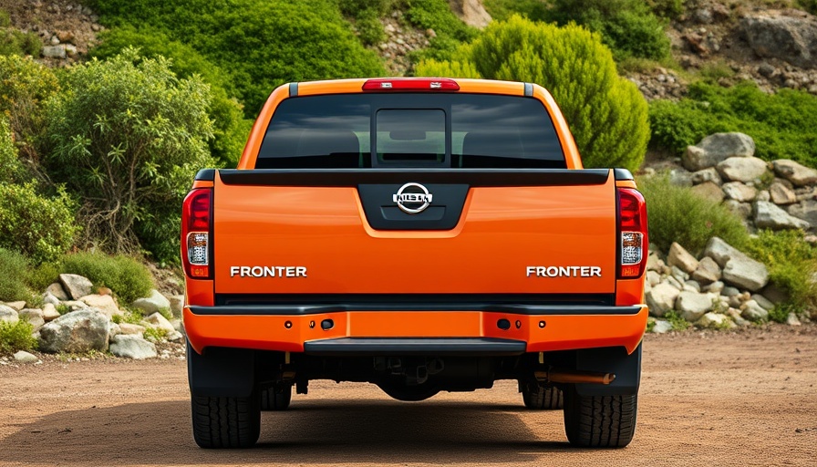 2026 Nissan Frontier prices - rear view of vibrant orange truck in nature.