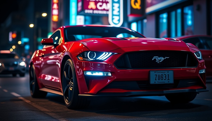 Sleek red Ford Mustang Electric under neon lights at night