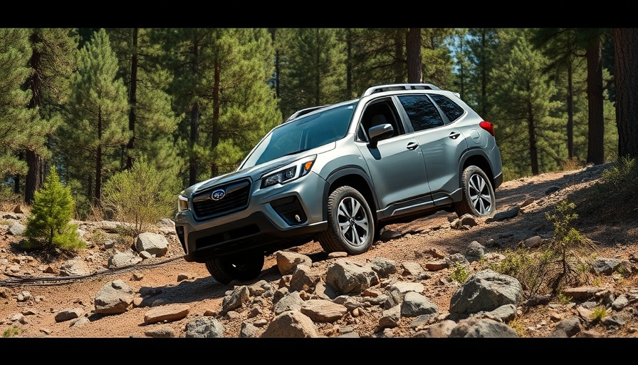 2025 Subaru Forester Wilderness driving through a forest trail.