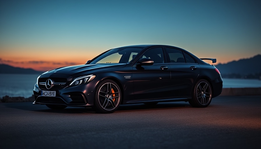 Mercedes AMG C 63 with Inline-Six Engine by ocean at twilight.