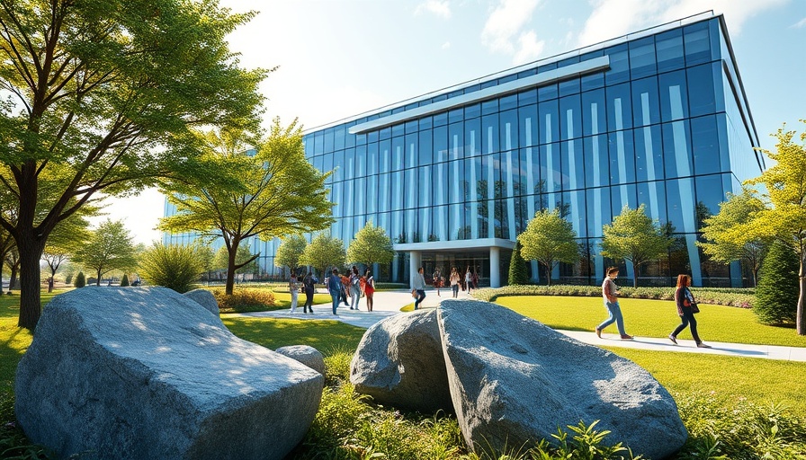 Modern headquarters with green park and walking paths