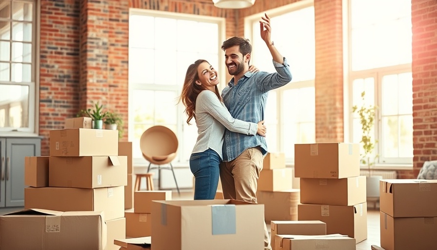 Ecstatic couple in new home with moving boxes, self-employed home buying.