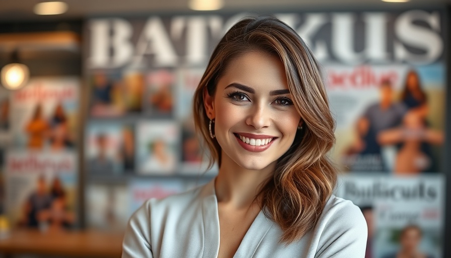 Smiling woman elegantly presenting in formal setting.