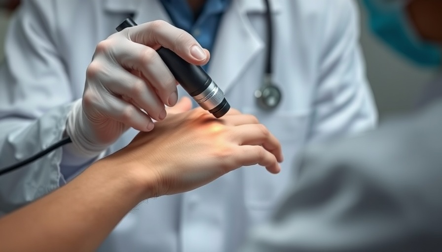 Dermatologist using dermatoscope during examination, highlighting impact of atopic dermatitis on mental health.
