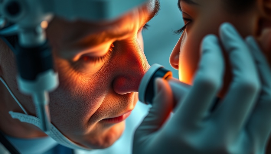 Close-up of dermatologist inspecting skin with a dermatoscope.