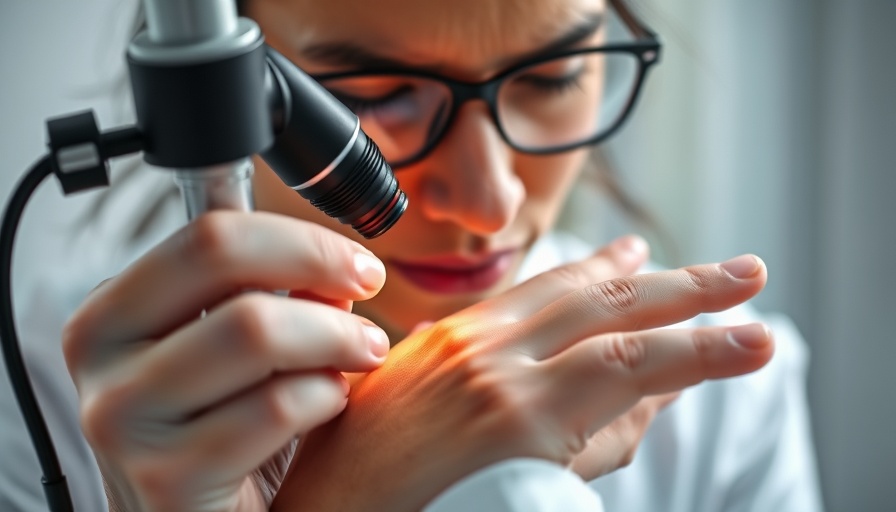 Dermatologist using dermatoscope on a patient's hand.
