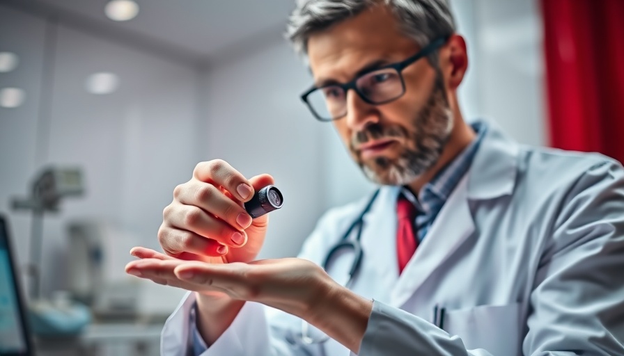 Dermatologist examining hand with dermatoscope, disparities in skin cancer diagnosis context.