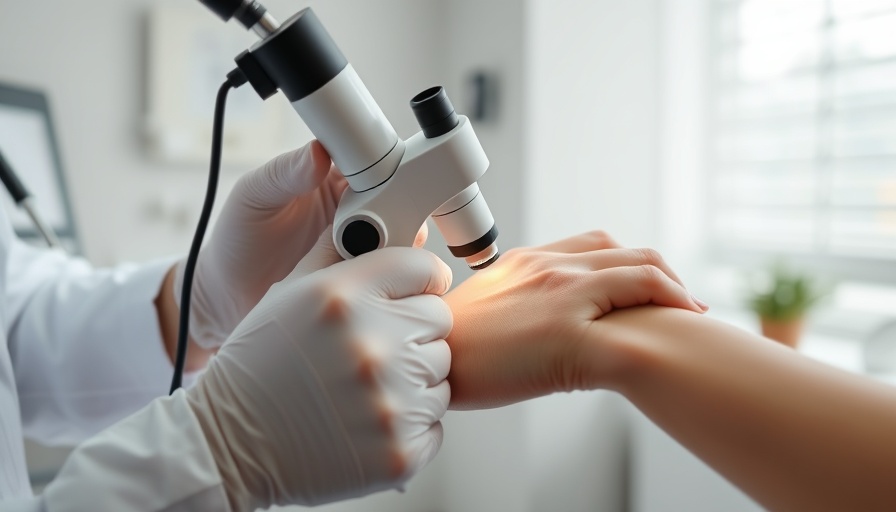 Dermatologist examines skin with dermatoscope; latest advancements in treatments.