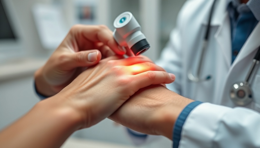 Dermatologist exam of hand with dermatoscope, Chronic Hand Eczema AI Dermatology feature.