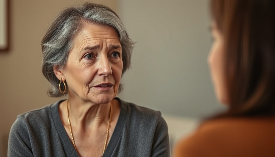 Woman discussing skin cancer regrets indoors with concerned expression.