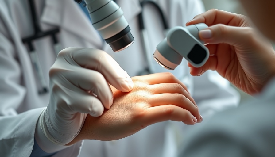 Dermatologist examines hand with dermatoscope, highlighting skin's impact on mental health.