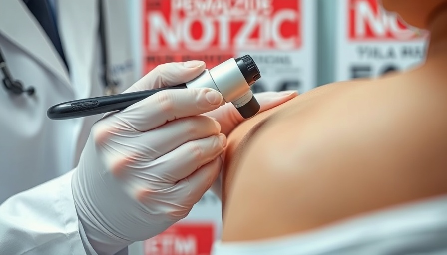 Clinical examination with dermatoscope on red magazine cover background.