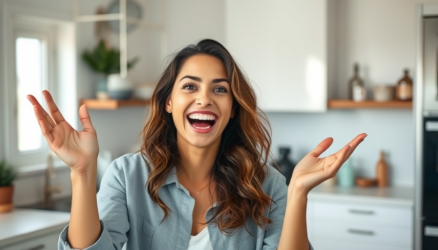 Woman sharing sun protection benefits indoors in a modern space.